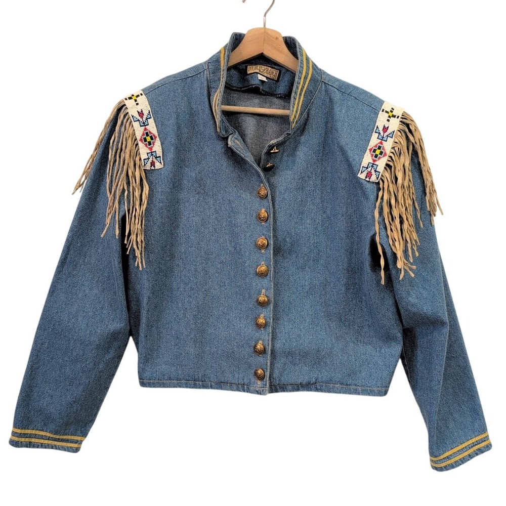 Double D Ranchwear Denim Western Jacket Beaded Fringe Blue L Made USA Southwest